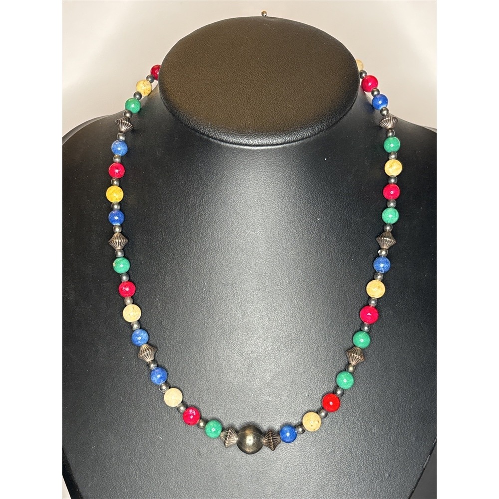 Vintage 1990s Southwestern Mixed Stone Glass‎ Bead Necklace Oxidized Tone 16"